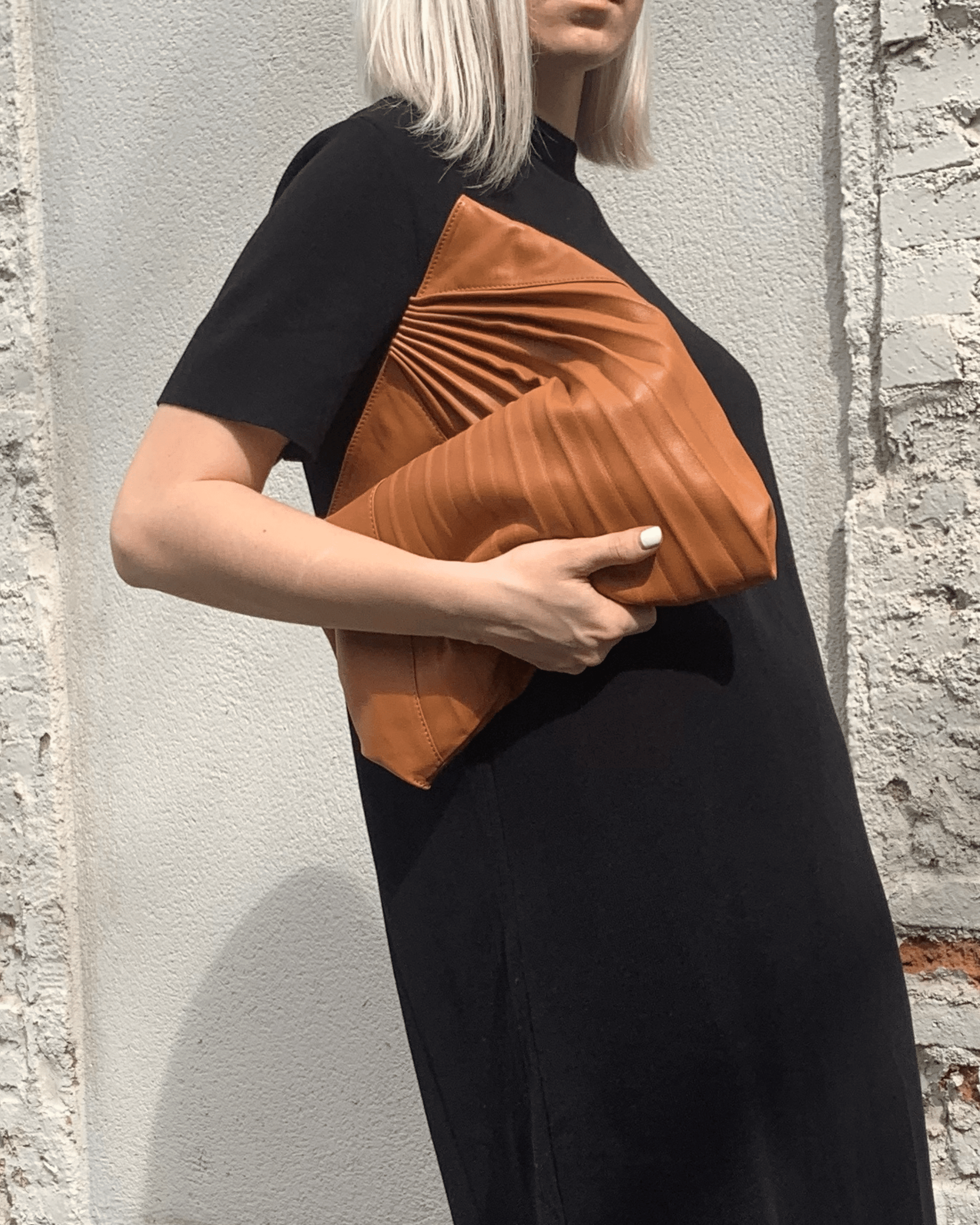 Chiaroscuro Clutch in Caramel Brown Lambskin- Sabrina Zeng