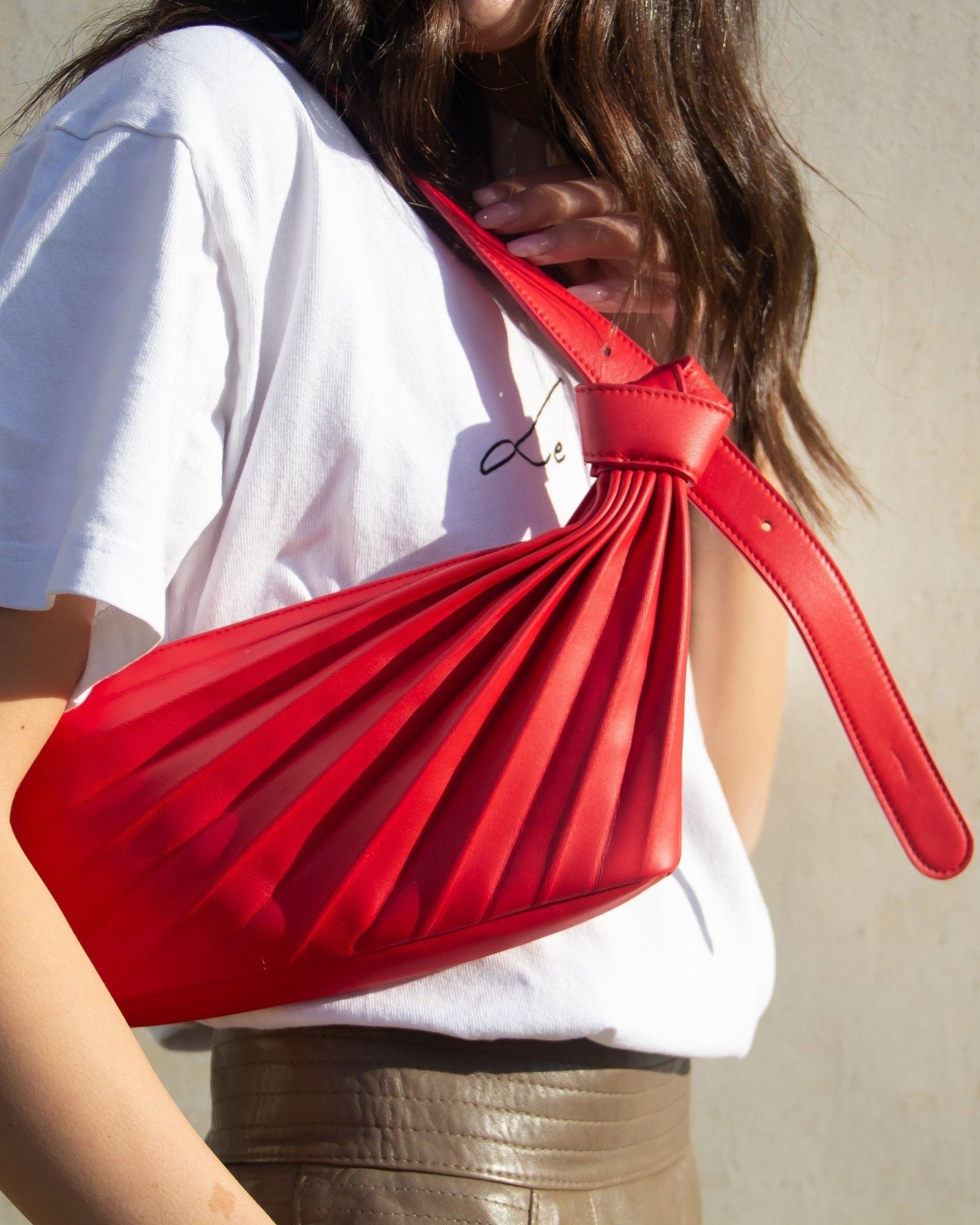 Sling Shoulder Bag in Coral Red Lambskin -Sabrina Zeng