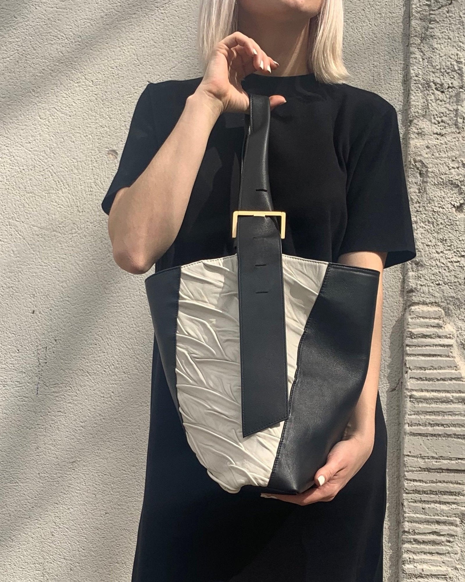 Freedom Bucket Bag in Black/Off white Leather- Sabrina Zeng