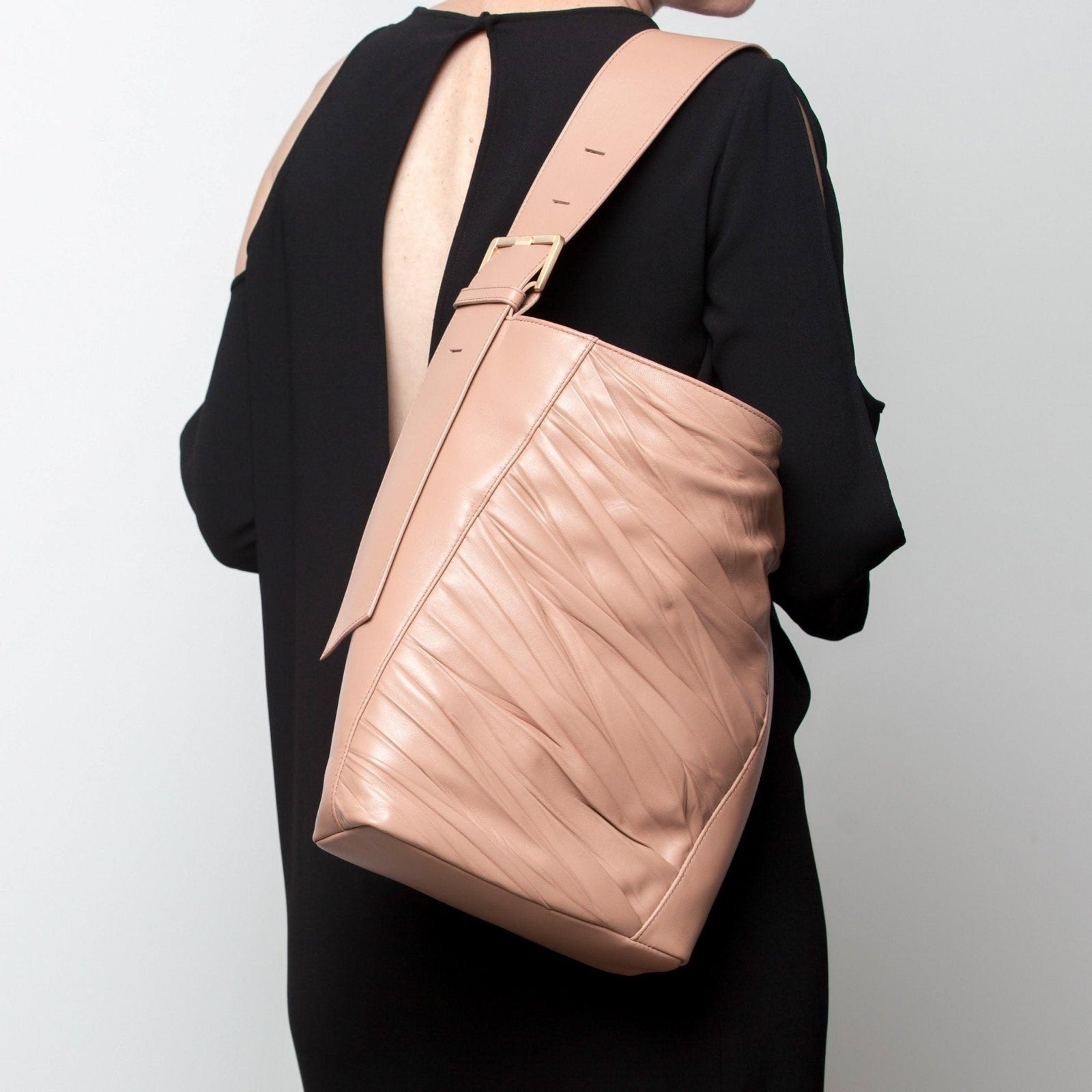 Freedom Bucket Bag in Taupe Lambskin- Sabrina Zeng